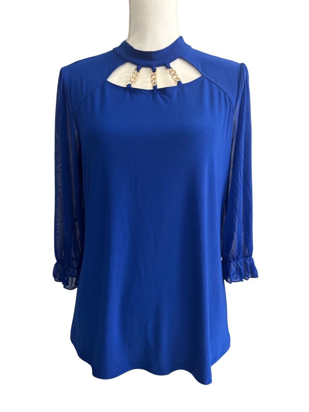 Royal Blue Chain Cutout Blouse Sheer Sleeve Dressy Top Adele & May Womens XL